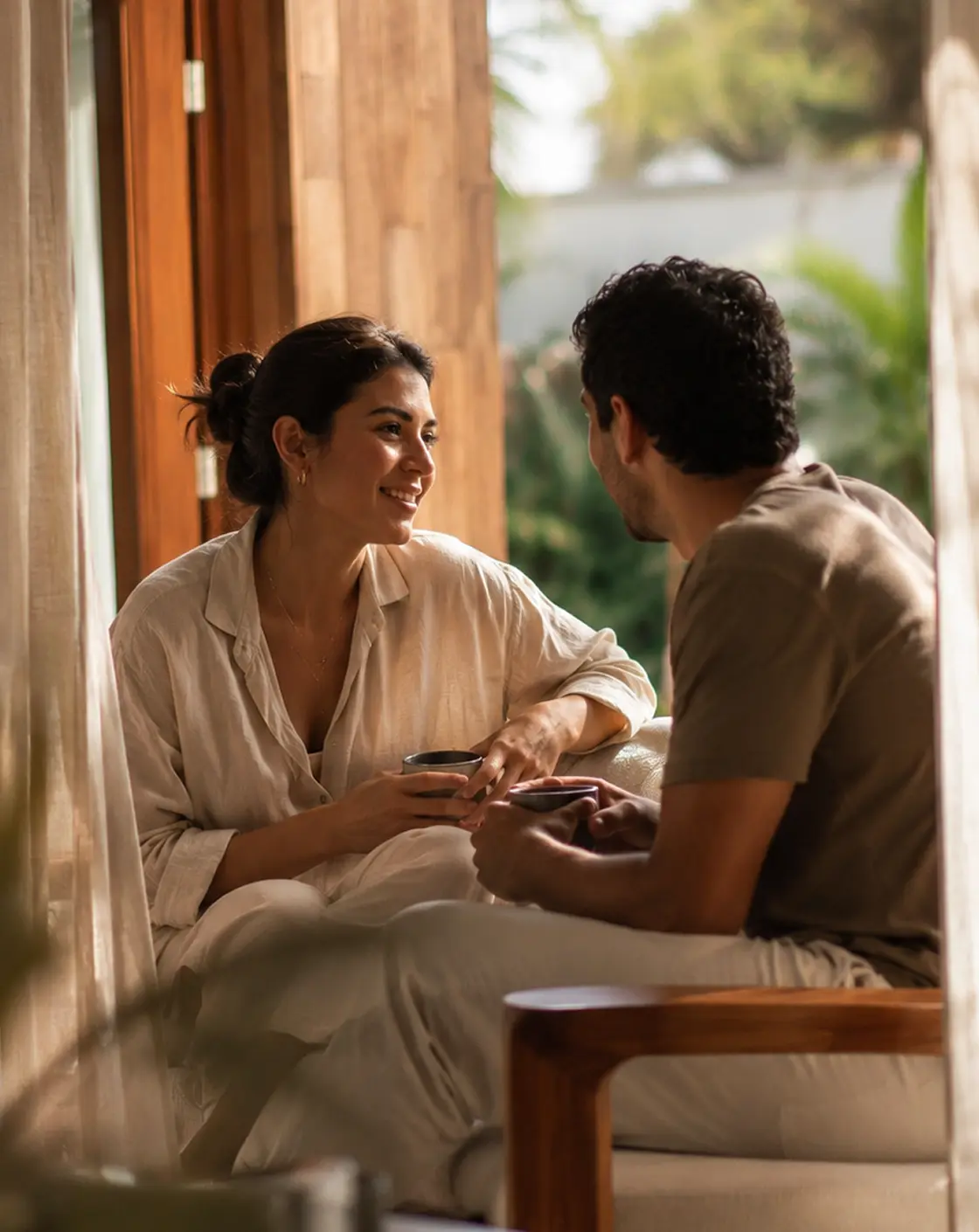 Casal tomando café em uma sala do Monarca, com esquadrias de madeira e vista para o paisagismo